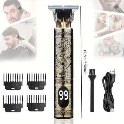 LED Hair Trimmer for Men – T-Blade USB Rechargeable 2000mAh, Vintage Dragon & Mustache Design, 4 Guide Combs, Cordless Precision Grooming