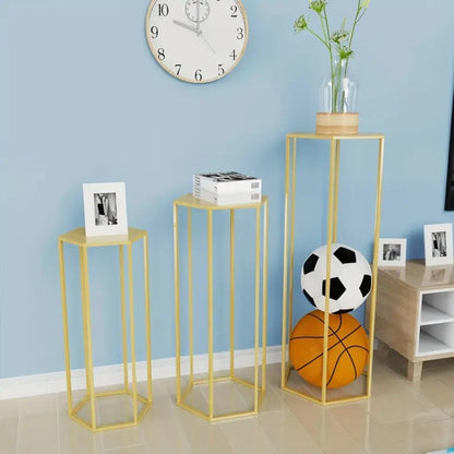 Golden Metal Dessert Display Stands with Three-Piece Square Pedestal Set or Double-Layer Hexagon Stand