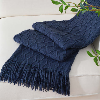 50 x 60-Inch Throw Blanket with Raised Geometric Texture, Tassel Fringe and Six Solid Color Options