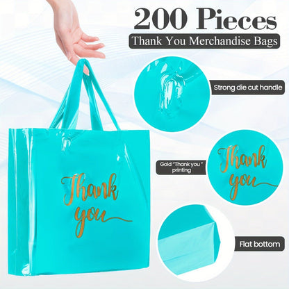 Thank You Bags with Handles 200pcs Bulk Plastic Shopping Bags 3 Sizes Retail Boutique Merchandise Bags Sky Blue 9x12 12x15 15x18