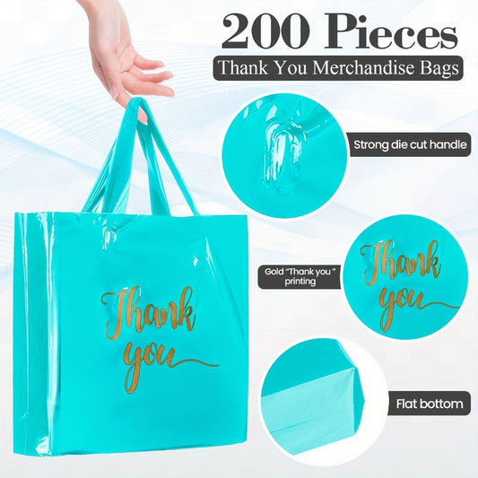 Thank You Bags with Handles 200pcs Bulk Plastic Shopping Bags 3 Sizes Retail Boutique Merchandise Bags Sky Blue 9x12 12x15 15x18