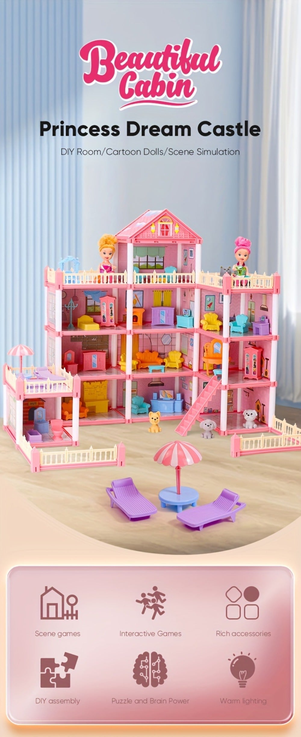 Princess Doll House Castle with Furniture & Accessories, Pink or Blue Mini Villa Playset 14 to 27 Rooms