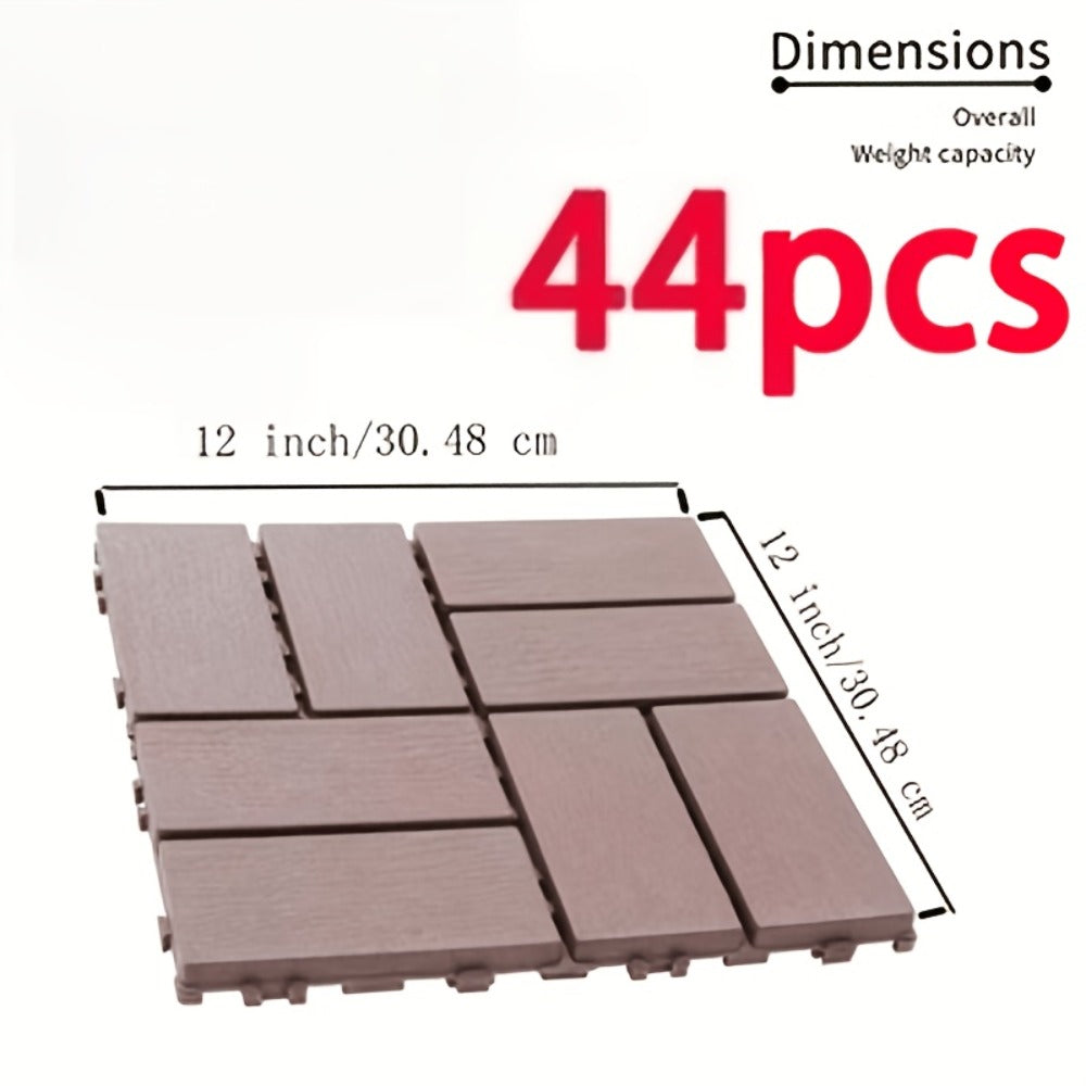 Gray 44-Piece Interlocking Deck Tile Set with 12-Inch Square Brick-Block Surface Pattern Pictured