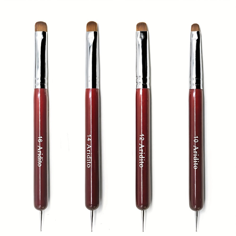 Acrylic Nail Art Brushes Set 4pcs with Dotting Pens – Red Wood Handle Precision Tips #10 #12 #14 #16 for French Manicure Nail Sculpting