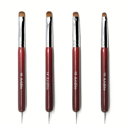 Acrylic Nail Art Brushes Set 4pcs with Dotting Pens – Red Wood Handle Precision Tips #10 #12 #14 #16 for French Manicure Nail Sculpting