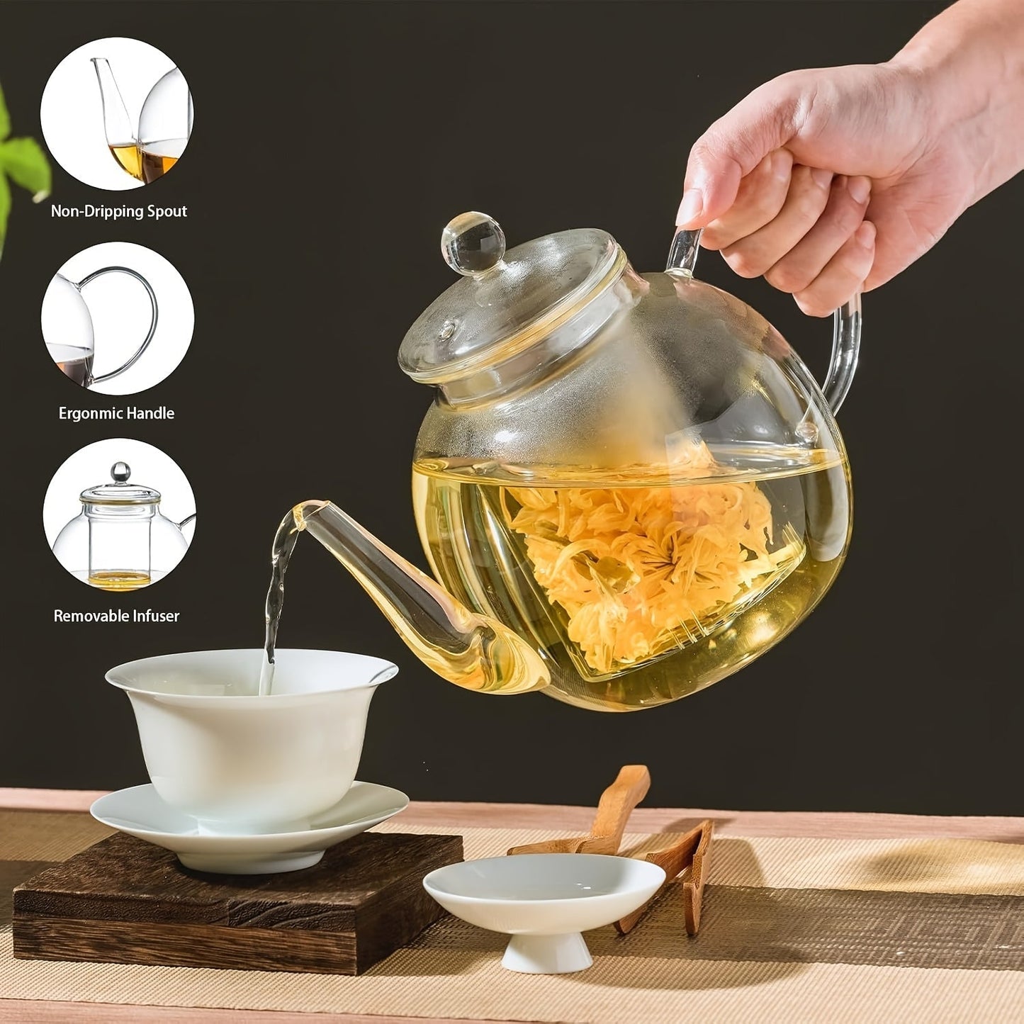 Glass Teapot with Removable Infuser 51oz Borosilicate Clear Tea Kettle Stovetop Safe for Loose Leaf Blooming Herbal & Flower Tea