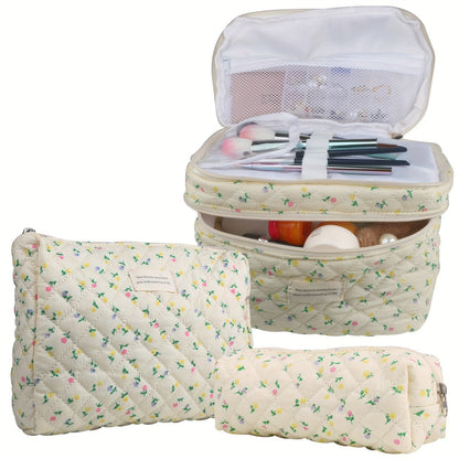 Makeup Bag Three-Piece Quilted Cotton Dual-Layer Floral Pouch Set for Travel, Vanity and Everyday Beauty Storage