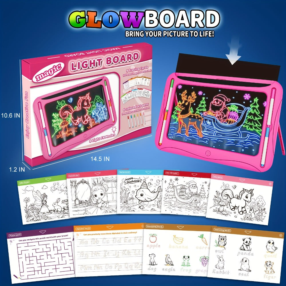 LED Light Up Drawing Board for Kids, 9 Double-Sided Tracing Cards 6 Markers Glow Doodle Travel Art Toy for Girls Boys Ages 3-8