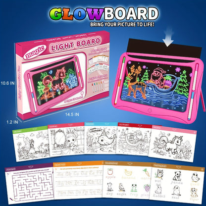 LED Light Up Drawing Board for Kids, 9 Double-Sided Tracing Cards 6 Markers Glow Doodle Travel Art Toy for Girls Boys Ages 3-8