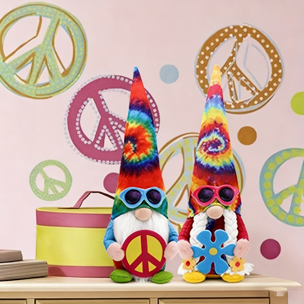 Hippie Gnomes Decorations 2 Pack – Groovy Tie Dye Tomte Figurines with Peace Sign & Fashion Glasses, 13.5" Swedish Gnome Shelf Sitters