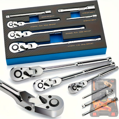 Three- or Six-Piece Flex-Head Ratchet Handle Set with 1/4, 3/8 and 1/2-Inch Drives and Extensions