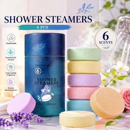 Six Assorted Shower Steamer Tablets in a Cylindrical Gift Box with 30 g Individually Wrapped Pieces