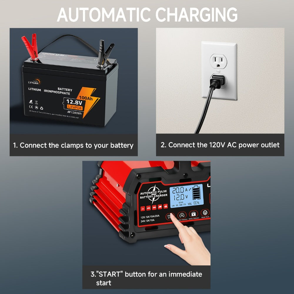 Smart Battery Charger Maintainer 12V 20A 24V 10A 8-Stage with Temperature Compensation for LiFePO4 Lead Acid Car Truck Motorcycle Boat