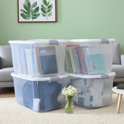 Four-Pack 46-Quart Clear Storage Bins with Latching Lids, Side Handles and Stackable Shape