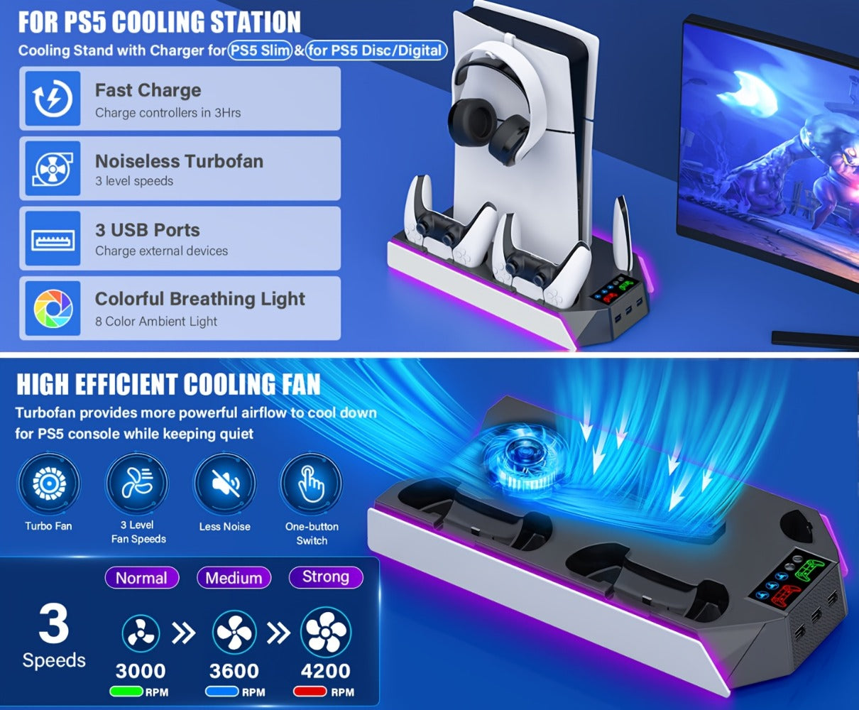 Headset Holder PS5 Cooling Stand with RGB Light, 3-Level Fan, Controller Charger & 3 USB Ports