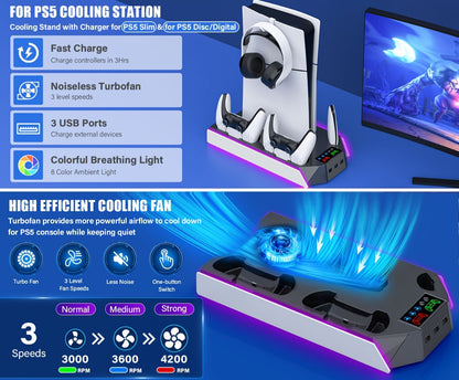 Headset Holder PS5 Cooling Stand with RGB Light, 3-Level Fan, Controller Charger & 3 USB Ports