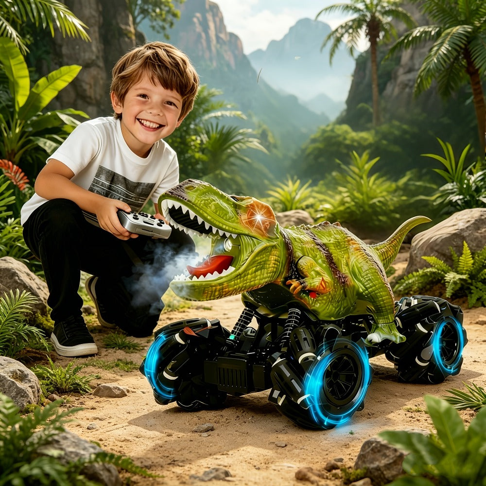 RC Monster Truck Dinosaur 2.4GHz 4WD Off-Road Remote Control Car with LED Lights Music Large Tires All-Terrain Stunt Vehicle Gift for Boys