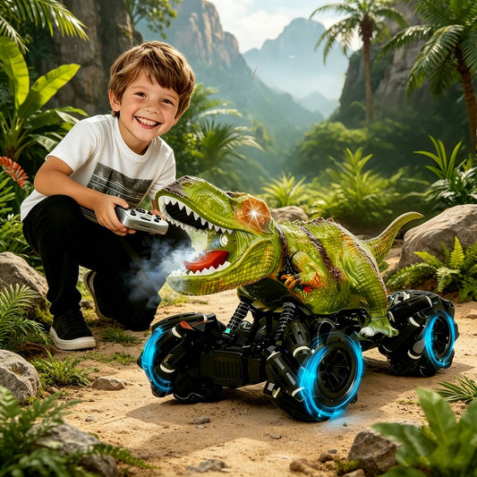RC Monster Truck Dinosaur 2.4GHz 4WD Off-Road Remote Control Car with LED Lights Music Large Tires All-Terrain Stunt Vehicle Gift for Boys
