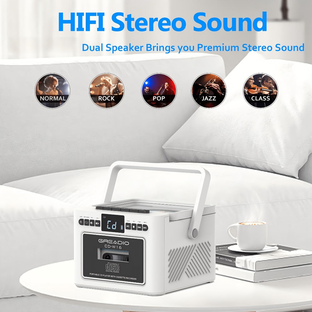 Boombox CD Cassette Player Rechargeable 5000mAh Battery 5W Dual Stereo Speakers FM Radio Tape Recording AUX SD USB 3.5mm Jack Portable Home