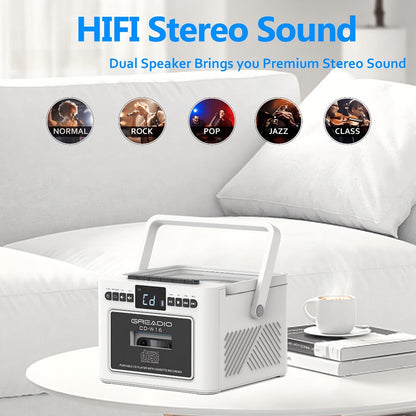Boombox CD Cassette Player Rechargeable 5000mAh Battery 5W Dual Stereo Speakers FM Radio Tape Recording AUX SD USB 3.5mm Jack Portable Home