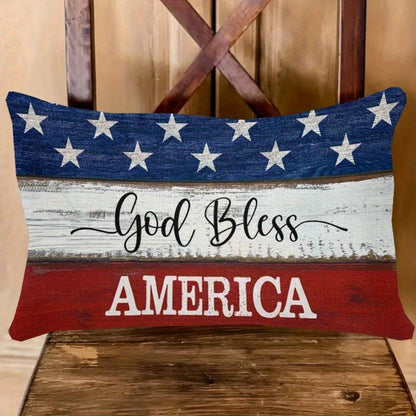 4th of July Throw Pillow Cover 12x20 Inch, God Bless America Patriotic Red White Blue Linen Cushion Case Star Pattern Distressed Wood