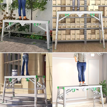 Scaffolding Work Platform Folding Steel Step Ladder Adjustable Height Portable Drywall Bench for Garden, Patio and Yard Use