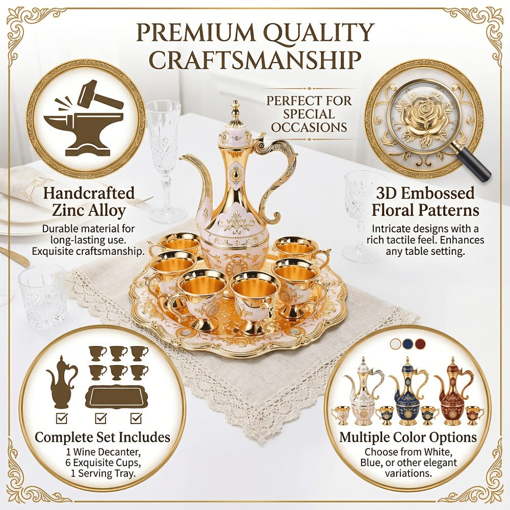 Vintage Turkish Coffee Tea Set – Zinc Alloy Teapot, 6 Cups & Tray | European Style Luxury Gift Set for Tea, Coffee & Cappuccino