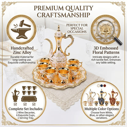 Vintage Turkish Coffee Tea Set – Zinc Alloy Teapot, 6 Cups & Tray | European Style Luxury Gift Set for Tea, Coffee & Cappuccino