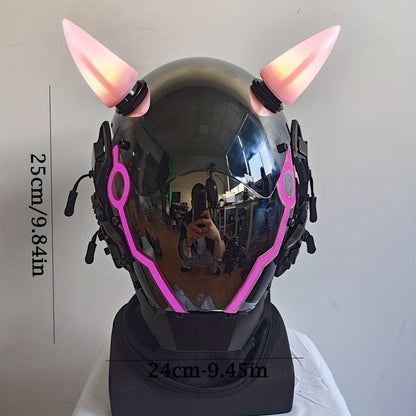 Pink LED Cyberpunk Costume Mask with Horned Full-Face Helmet, Reflective Visor and Lighted Accent Lines