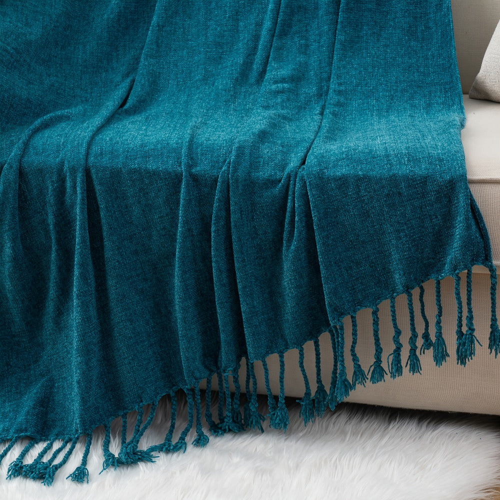 Chenille Fringe Throw Blanket, 180-200gsm Velvety Decorative Throw for Sofa & Couch, Home Decor, 50”×60”