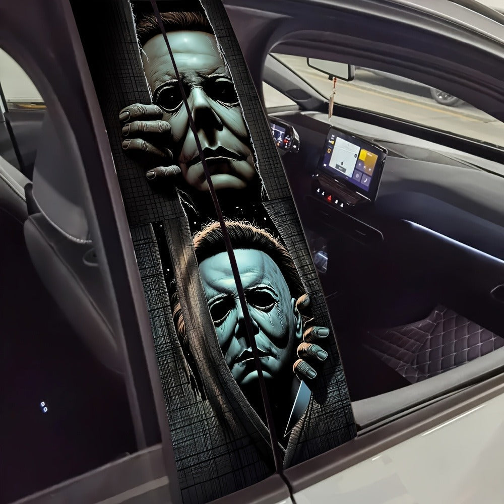 Two-Piece Masked Figure Car Window Decal Set with Stacked Black-and-Gray Horror Portrait Panels