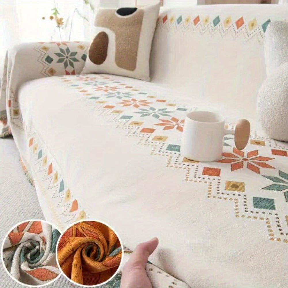 Sofa Cover Bohemian Embroidered Chenille Knit Throw with No Padding in Four Sizes and Five Colors