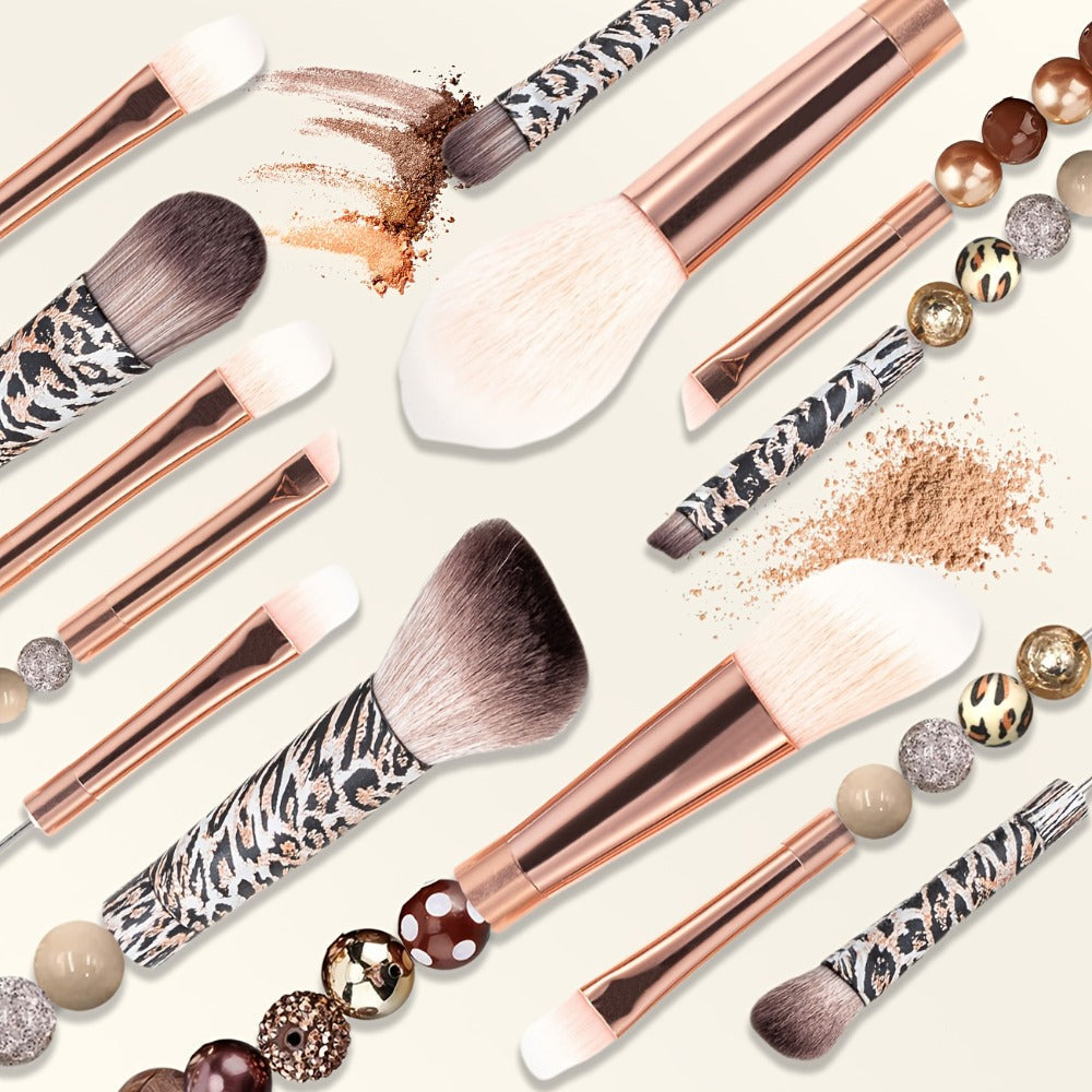 Makeup Brush Set, 15-Piece Bead-Ready Metal Handle Collection with Powder, Blush, Eyeshadow and Angled Brush Shapes