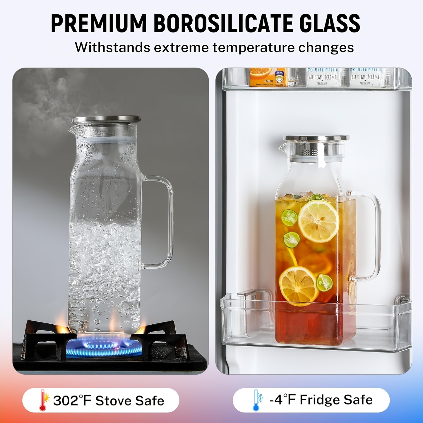 Square 68-Ounce Glass Pitcher with Metal-Look Lid and Handle in Two-, Six- or Twelve-Piece Packs