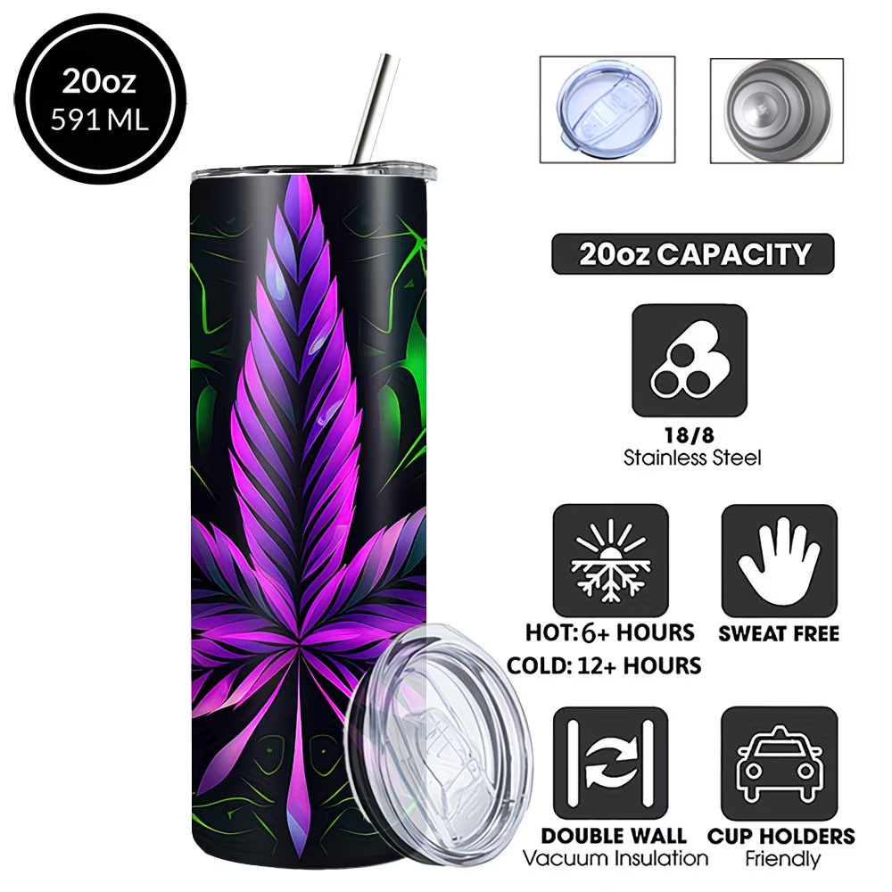 20oz Black Tumbler with Purple Leaf Graphic, Clear Lid and Metal Straw, 7.2 x 17.5 cm Pictured Size