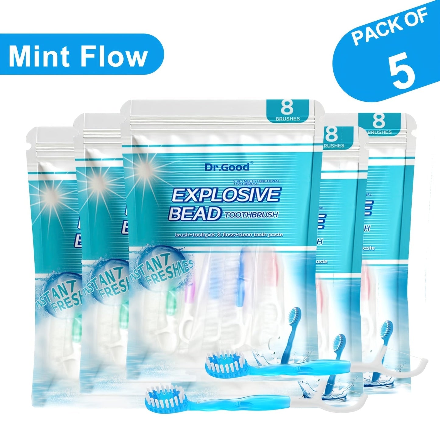 Travel Disposable Toothbrush 5-in-1, Pre-Applied Mint Toothpaste, Floss, Pick & Tongue Scraper, Soft Nylon