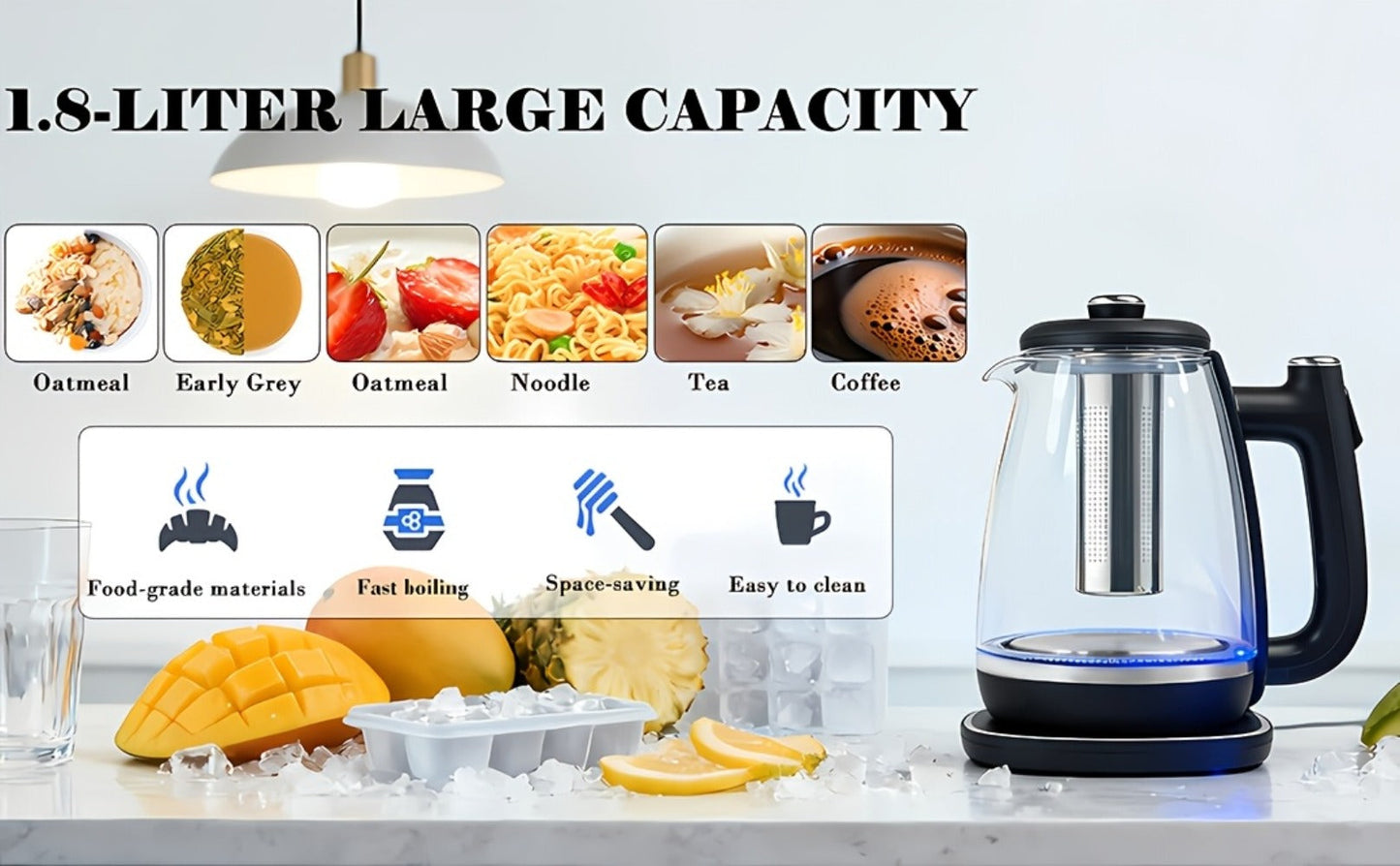 Electric Kettle 1.8L Stainless Steel, Fast Boil with Auto Shut-Off, Boil-Dry Protection, Removable Filter & 360° Swivel Base