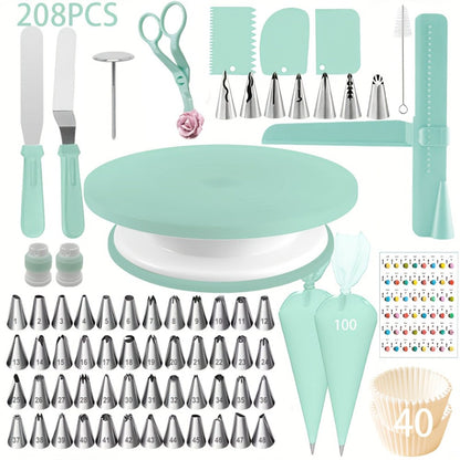 Cake Decorating Supplies Kit 208pcs, Stainless Steel Piping Nozzles Set with Cake Turntable Piping Bags Muffin Cups Chocolate Molds