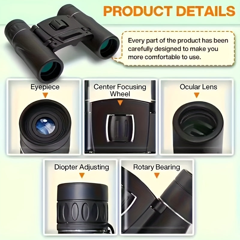 Compact 10x25 Pocket Binoculars with Smartphone Adapter, Center Focus and Folding Body in Black