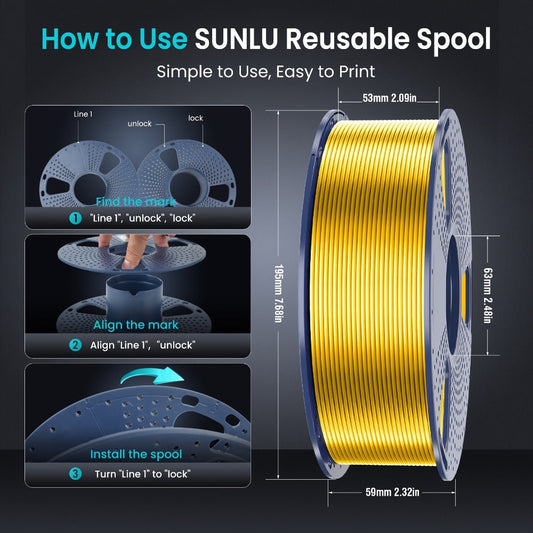 3D Printer Filament SUNLU Silk PLA+ 1.75mm 1kg Reusable Spool in Blue, Bronze, Yellow, Purple or Brass