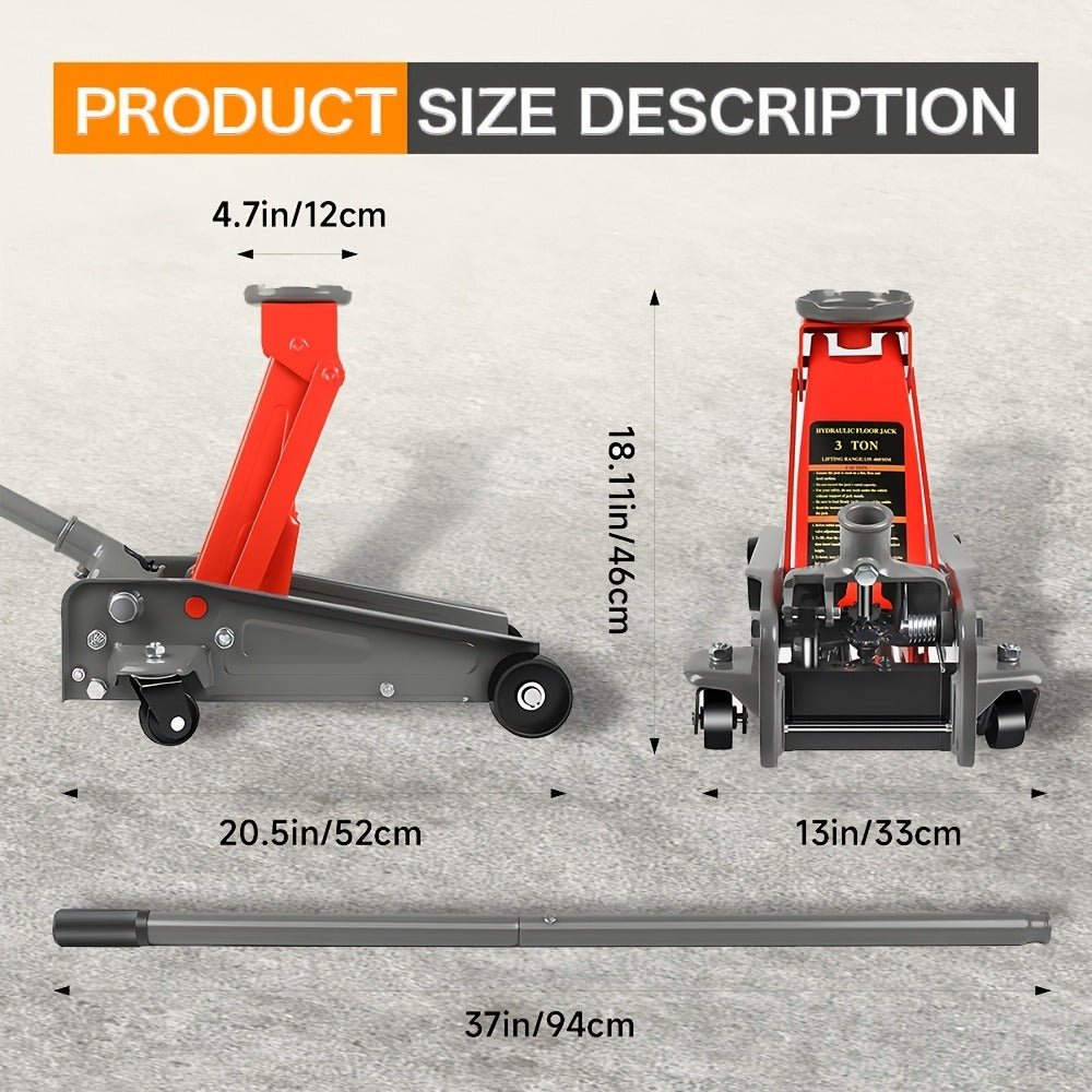 3 Ton Floor Jack with Wheels Rapid Pump Low Profile Car Jack 5.31"-18.11" Lift Range 460mm Max Height