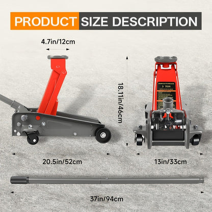 3 Ton Floor Jack with Wheels Rapid Pump Low Profile Car Jack 5.31"-18.11" Lift Range 460mm Max Height
