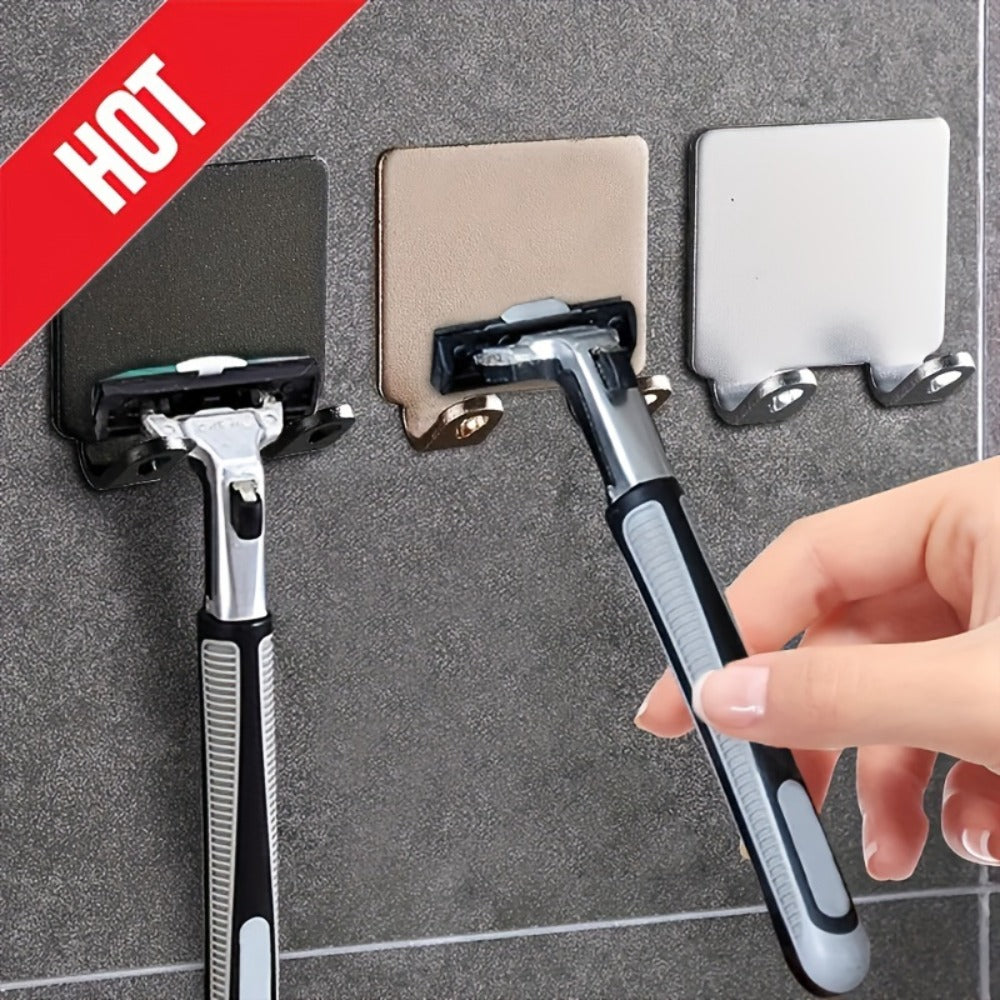 Wall-Mounted Razor Holder 5-Piece Set with Twin Hooks, Adhesive Backing and Silver or Black Options