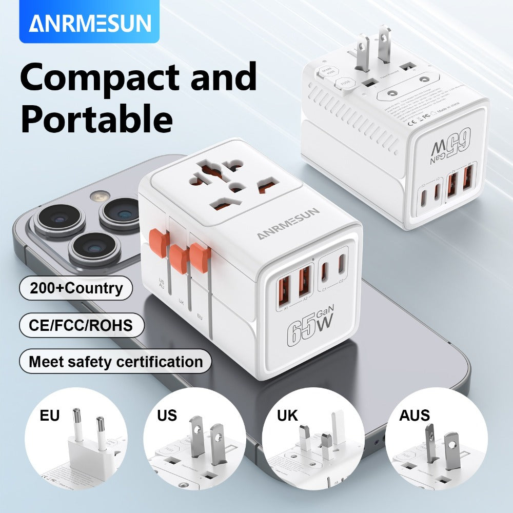 65W Universal Travel Adapter with 4 USB Ports - 2 USB-C & 2 USB-A Fast Charging, US EU UK AU Plugs