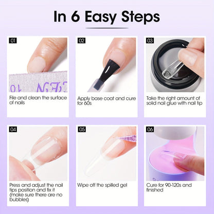 Solid Gel Nail Glue Kit with Mini LED Lamp – 8g UV Cure Gel Glue 28+ Days Long-Lasting Bond for Press On Nails Acrylic Tips Rhinestones