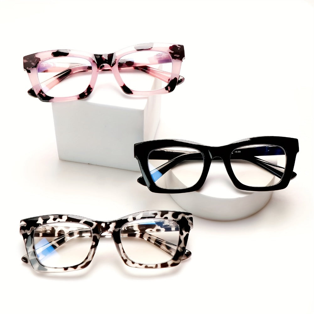 Reading Glasses – Three-Pair Square Reader Set with Spring Hinges, Cloths and Bags with Multiple Strength and Color Options