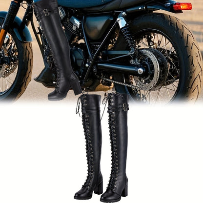 Women's Over-the-Knee Biker Boots, Faux Leather Thigh High Lace-Up Knee High Boots with Chunky Heel & Buckle