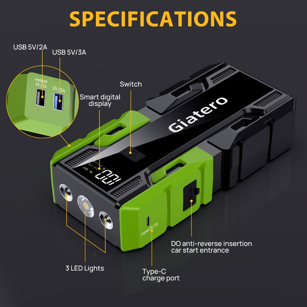 Giatero 10000A Car Jump Starter with 12V Battery Clamps, Digital Display, LED Light and Integrated Air Compressor