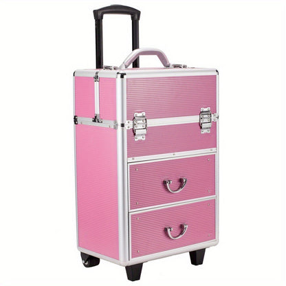 Pink Four-Tier Rolling Makeup Train Case with Fold-Out Top Trays, Two Drawers and Telescoping Handle