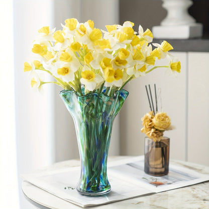 Hand Blown Glass Vase Colorful Wide Mouth, Teal Green Art Glass Flower Vase for Fresh Flowers & Spring Arrangements